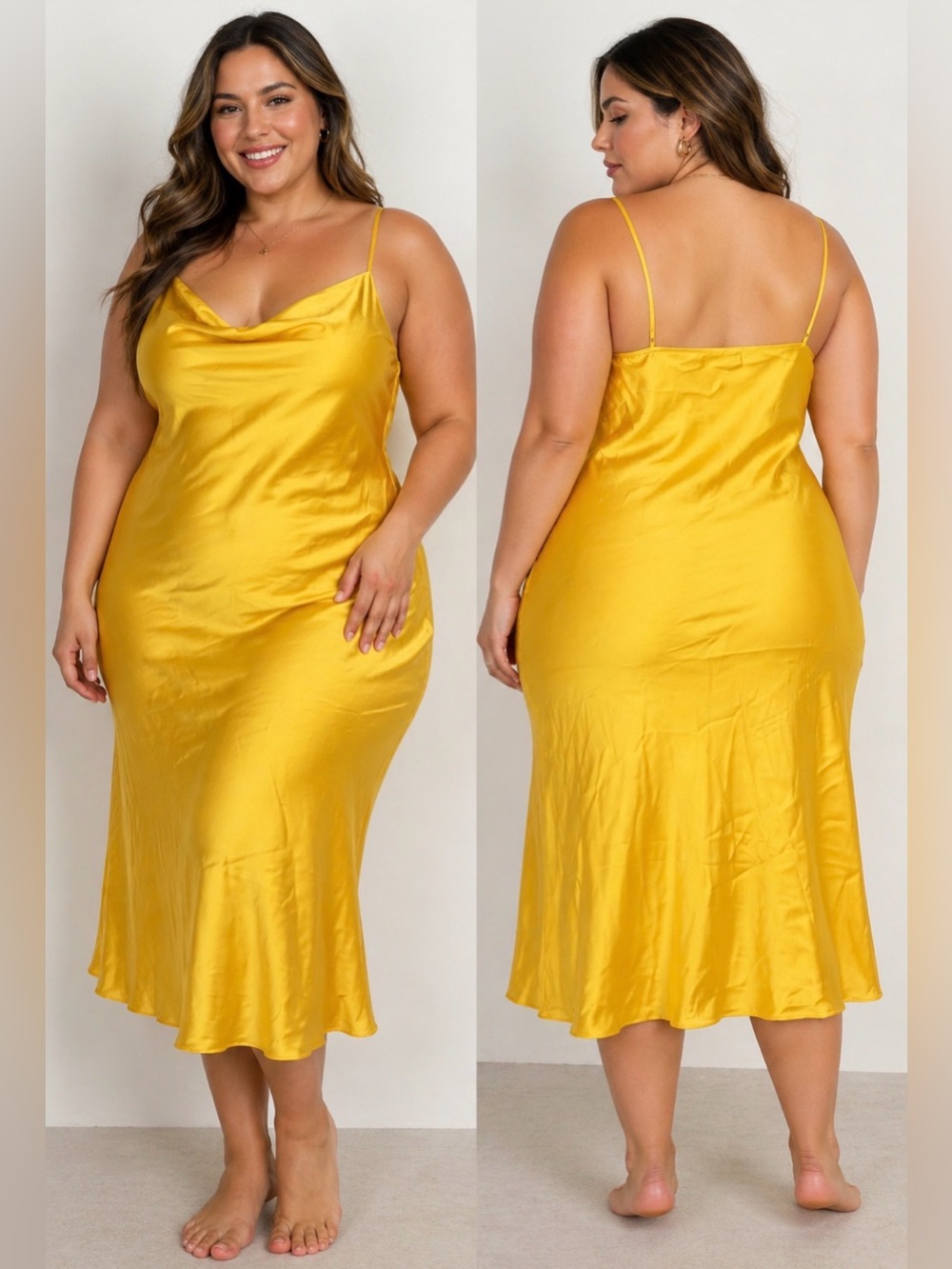REBDOLLS 1XL Satin Slip Dress Yellow Cowl Neck Strappy Sleeveless Long Plus